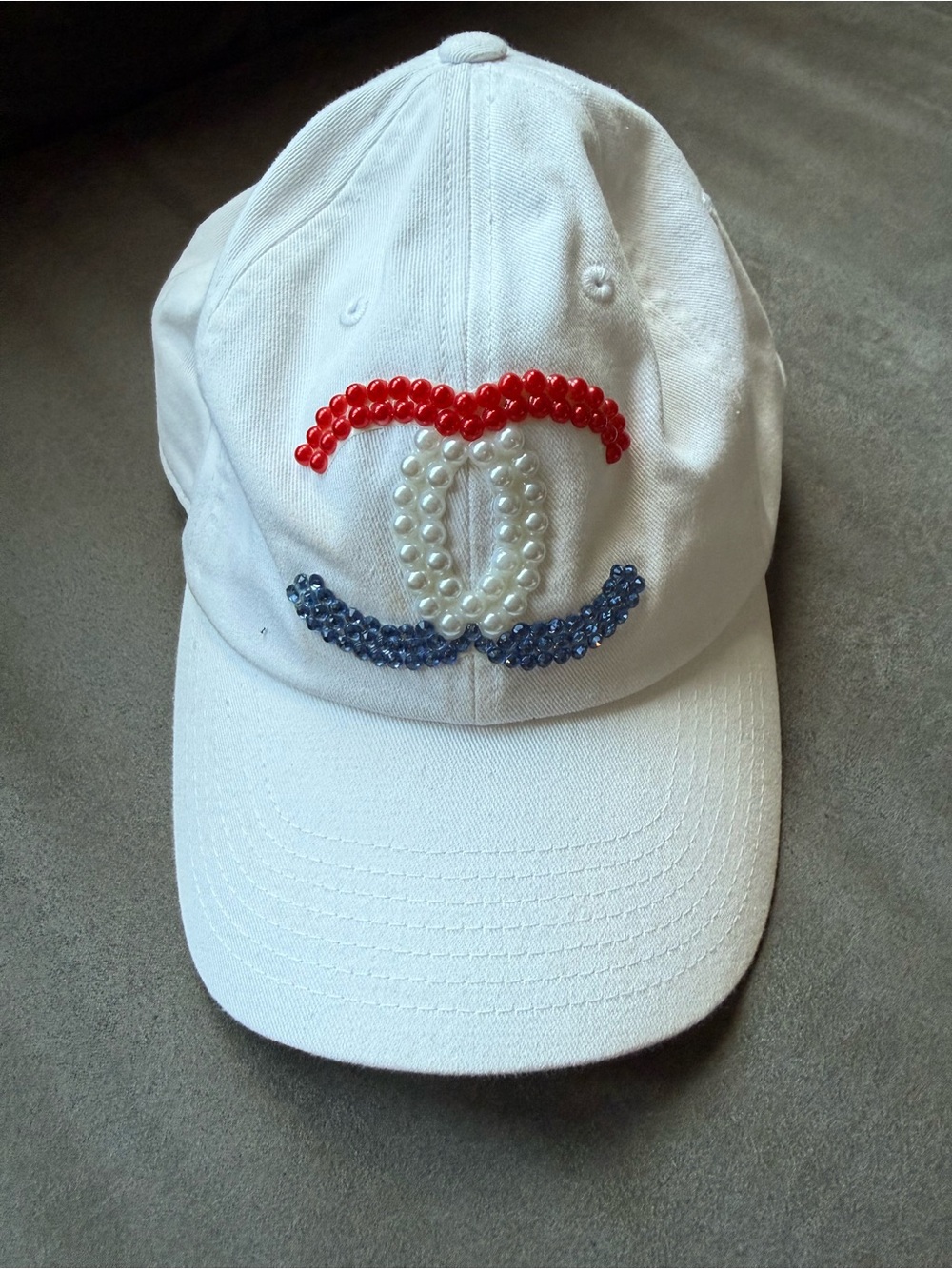 White Beaded Baseball Cap with Red, Blue and Pearl Accents